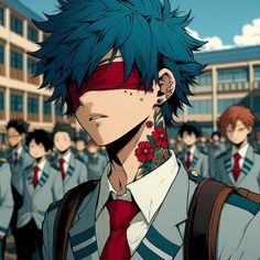 an anime character with blue hair and piercings standing in front of other people wearing school uniforms