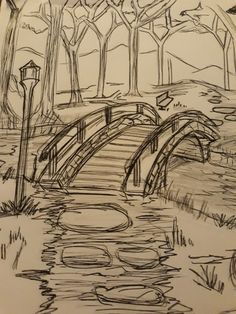 a drawing of a bridge over a pond