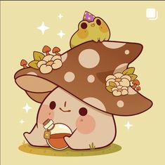 a mushroom with flowers on it and a bird sitting on top of it's head