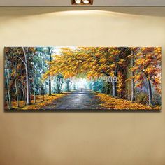 an oil painting on canvas of a road in the fall with trees and yellow leaves