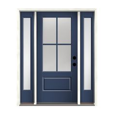 Therma-Tru® Benchmark® fiberglass doors won’t warp or rot like wood, nor will they dent or rust like steel. Smooth Surface Collection adds a sleek look to the entry with a smooth surface perfect for paint. Flush-glazed clear Low-E glass is built into this 3/4-lite door for a clean, seamless appearance while simulated divided lites add a tailored look. Choose from 6 on-trend paint colors backed by a 10-year limited finish warranty. Includes Therma-Tru® Benchmark® PLUS composite door frame and edg Single Front Door With Sidelights, Exterior Doors With Sidelights, Mobile Home Doors, Front Door With Sidelights, Single Front Door, Door With Sidelights, Replacing Front Door, Best Front Doors, Oval Room Blue