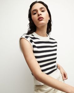 A muscle-tee inspired knit, made from 100% cotton. Endlessly versatile, this striped tank puts a modern spin on nautical style. Pair with the matching Saylor cardigan for a relaxed summer set.100% BCI CottonProfessional dry-clean onlyStyle #J2406KC2090396 Striped Cotton Sweater Vest For Summer, Tanya Taylor, Nautical Style, Nautical Fashion, Summer Set, Muscle Tee, Veronica Beard, Muscle Tees, Striped Tank