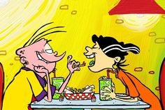 two cartoon characters sitting at a table with food in front of them, one eating and the other talking