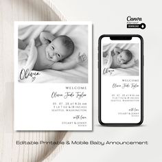 a baby announcement card with an image of a sleeping baby