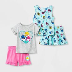 From watching their favorite cartoons to learning to paint, set your toddler up for fun everyday adventures with this 4-Piece Baby Shark Top and Bottom Set. Made from a soft fabric blend, each piece in this set offers reliable comfort for your kiddo. The gray crewneck tee with ruffle sleeves features a heart-shaped print at the front with images of Baby Shark, Daddy Shark and Mommy Shark, and it's accompanied by pink shorts with a ruffle hem and the Baby Shark logo. The other set features a ligh Learning To Paint, Mommy Shark, Top And Bottom Set, Shark Family, Shark Logo, Gray Crewneck, Everyday Adventures, Grey Crewneck, Versatile Outfits