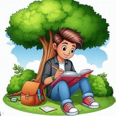 a boy sitting under a tree reading a book and holding a pencil in his hand