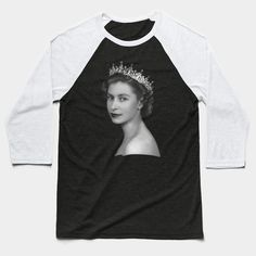 a black and white shirt with a photo of the queen of england wearing a tiara