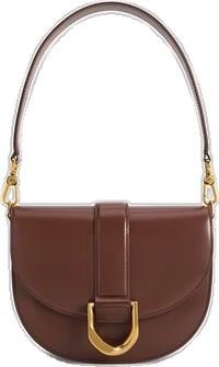 Luxury Brown Saddle Bag With Branded Hardware, Elegant Brown Saddle Bag With Double Handle, Gabine Saddle Bag, Brown Saddle Bag With Gold-tone Hardware, Luxury Brown Saddle Bag With Turn-lock Closure, Brown Saddle Bag With Detachable Handle For On-the-go, Leather Saddle Bags, Charles Keith, Leather Finish