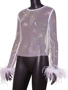 Rhinestone see through feather top. Long Sleeve Tops With Feather Trim For Evening, Glamorous Feather Trim Top For Night Out, Glamorous Party Top With Feather Trim, Y2k Rhinestone, Feather Top, Feather Tops, Fashion Y2k, T Shirts Women, Shirts Women