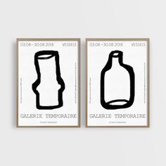 two black and white posters with bottles on them