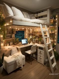 a loft bed with a desk underneath it and lights strung from the ceiling, along with a ladder