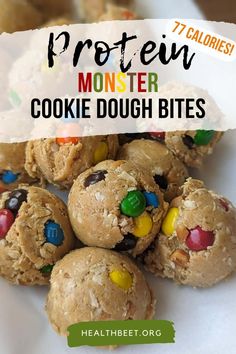 monster cookie dough bites with m & m candies on top and the words, protein monster cookie dough bites