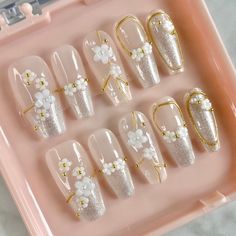 Translucent Glitter Press-On Nails, Coquette Nails with White Cherry Blossom Flowers, Medium Coffin Press-On Spring Nails for Her, Sakura by ShopNailsALaMode on Etsy Nails Baby Shower, Date Night Nails, Nails Coquette, Nails With White, Coquette Nails