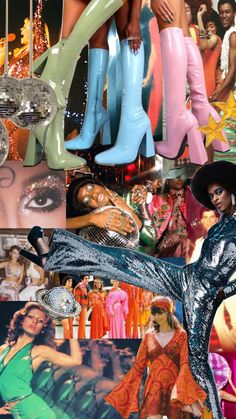 the collage shows many different styles of women's clothing and shoes, including high heeled boots