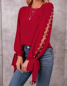 Red Top Outfit, Beaded Tie, Fashion Tops Blouse, Shirts Design, Puff Sleeve Blouse, Shein Tops, Wrap Blouse, Cotton Top