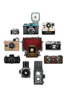 an image of old cameras arranged in the shape of a circle on a white background