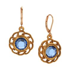 Delicately designed with intricate floral inspired motifs, these earrings boast a captivating allure. Each earring features a radiant Austrian faceted crystal at its core, adding a touch of opulence. Suspended gracefully from lever back closures, they exude sophistication and charm with every movement. Available In Sapphire Blue & Topaz Yellow Measurements: 1.53"L x 0.79"W Lever Back Closure 1928 Jewelry Collection From the vaults of rich European capitals to the antique laden attics of old Amer Antique Blue Round Cut Jewelry, Ornate Round Gemstone Earrings, Ornate Multi-stone Round Jewelry, Luxury Byzantine Style Gemstone Earrings, Vintage Yellow Gold Sapphire Jewelry, Oval Cabochon, Topaz Yellow, Chic Fashionista, 1928 Jewelry, Mary Jane Shoes Womens