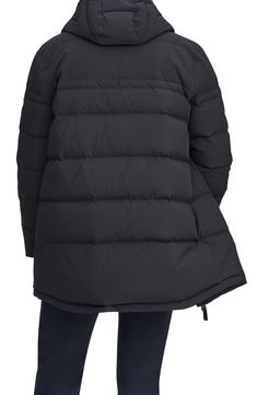 An integrated hood gives shelter from the rain in this water-resistant coat that warms the core with pillowy channels of down and feather insulation. 33 1/2" front length; 35 1/2" back length (size Medium) Front zip closure Attached drawstring hood Chest zip pockets; front welt pockets Lined, with 50% down, 50% feather fill 100% nylon Machine wash, tumble dry Imported Black Hooded Quilted Parka, Gore-tex Hooded Outerwear For Rainy Weather, Luxury Insulated Long-sleeved Outerwear, Black Insulated Long Sleeve Parka, Quilted Nylon Long-sleeved Parka, Marc New York, Quilted Coat, Down Feather, Welt Pockets