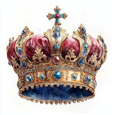 a crown with blue and red stones on it's sides, sitting in front of a white background