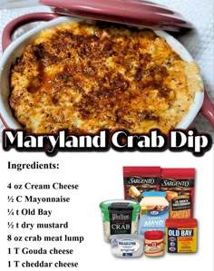 an advertisement for maryland crab dip with ingredients