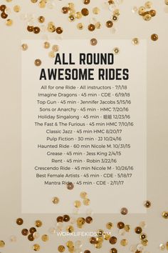 a white sign with gold confetti on it that says all round awesome rides