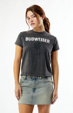 PacSun exclusive! The Budweiser By PacSun Clydesdales Mini T-Shirt brings iconic style to your everyday wardrobe. It features short sleeves, a crew neckline, and a striking Budweiser horse front graphic that pays homage to the legendary Clydesdales. A slightly cropped fit adds a modern twist to this classic piece.Solid color teeShort sleevesCrew necklineBudweiser graphicSlightly cropped length100% cottonMachine washableModel is wearing a size smallModel measurements: 5’6.5” height, 32” bust, 23. Clothes Shopping, Cropped Shirt, Iconic Style, Top Graphic Tees, Everyday Wardrobe, Pacsun, Crew Neckline, Style Icons, Shopping Outfit