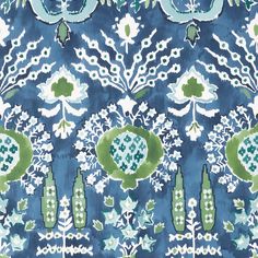 a blue and green wallpaper with flowers on it