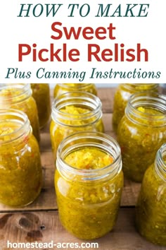 jars filled with pickle relish sitting on top of a wooden table