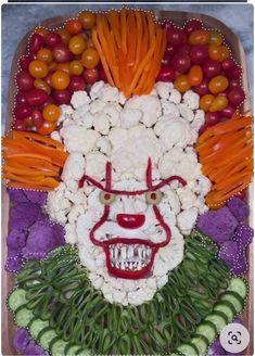 Clown Veggie Platter, Pennywise The Clown Veggie Tray, It Veggie Tray, Pennywise Veggie Platter, Penny Wise Veggie Tray, Halloween Theme Veggie Tray, Halloween Teeth Treats, Halloween Scary Treats, Pennywise Veggie Tray