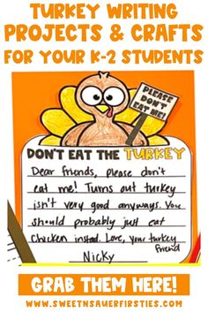 turkey writing projects and crafts for your k - 2 students