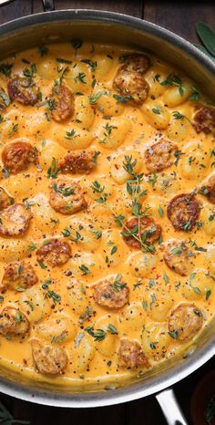 Creamy Butternut Squash Gnocchi with Sausage, Thyme, and Sage in a stainless steel pan Creamy Butternut Squash Gnocchi, Gnocchi With Sausage, Butternut Squash Gnocchi, Squash Gnocchi, Fall Comfort Food, Fall Soups