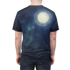 "AOP tee -- \"Surfing with the aliens\" -- Astronaut tee * Uniquely textured, microfiber knit fabric wicks perspiration away from the skin, drawing it to the surface where it evaporates. * 100% Polyester * Light fabric (4.0 oz/yd² (113 g/m / (6.0 oz/yd² (170 g/m * Regular fit * Tagless * Runs true to size Image by [Sergey Nivens / Shutterstock]" Short Sleeve Moon Print T-shirt For Streetwear, Fitted Crew Neck Shirt With Sublimation Print, Space-themed Graphic Crew Neck Tops, Space-themed Short Sleeve Top With Graphic Print, Space-themed Graphic Print Short Sleeve Tops, Fitted Moon Print Crew Neck Top, Space-themed Short Sleeve Screen Print Top, Space-themed Screen Print Short Sleeve Top, Graphic Tee Shirt With Moon Print