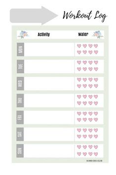 a printable workout log with pink hearts on the side and an arrow pointing to it