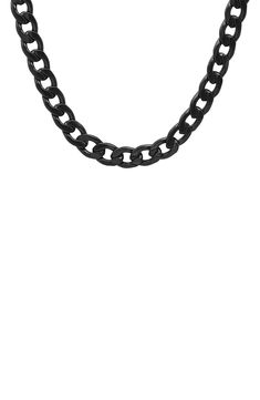 A heavy curb chain necklace is cast in durable ion-plated stainless steel. 24" length; 1/4" width Lobster clasp closure Stainless steel with ionic plating Imported Black Metal Jewelry With Cable Chain, Black Oval Link Chain Necklace As Gift, Black Metal Necklace With Cable Chain, Black Oval Link Necklace, Black Stainless Steel Necklaces With Chunky Chain, Black Oval Link Cable Chain Jewelry, Black Jewelry With Oval Link Cable Chain, Black Chunky Chain Necklace In Stainless Steel, Black Metal Cable Chain Necklace