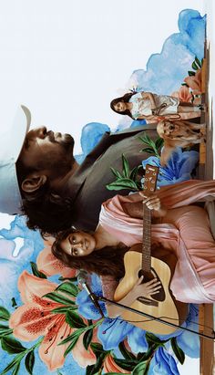 a woman laying on top of a guitar in front of a painting with flowers and birds