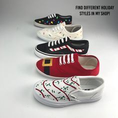 ABOUT:The holidays are about to get a little bit sweeter with these Candy Cane striped Vans by Butter Makes Me Happy. Perfect for Christmas parties, gifts & getting into the holiday spirit! Hand painted shoes has been our specialty for 9 years & you won't even find this kind of craftsmanship at the North Pole. Each pair is designed to last, using the highest quality materials & water resistant finishes. Order today & you will be one step closer to making even Santa envious! -includes 1 pair Vans Diy Christmas Outfit, Vans Sk8 Hi Black, Christmas Party Candy, Teacher Shoes, Painted Shoes Diy, Candy Cane Decorations, Christmas Dress Up, Painted Canvas Shoes, Inexpensive Christmas Gifts