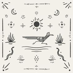 a black and white drawing of a bird flying in the sky with sun, moon and plants