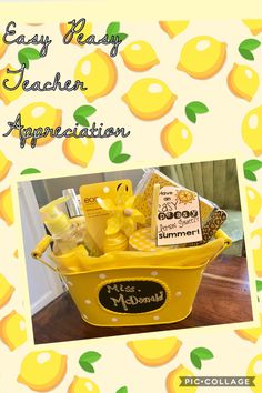 a yellow basket filled with lemons on top of a wooden table next to a card