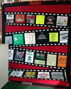 a quilt made to look like a film strip with many different t - shirts on it