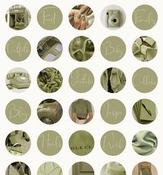 a collage of different pictures with the names of clothing and accessories in green tones