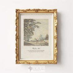 an old painting hanging on the wall above a framed artwork piece that says, deer and trees