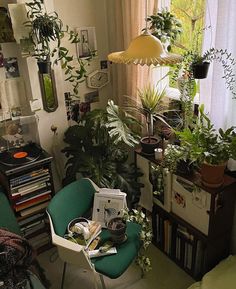 a living room filled with lots of plants next to a couch and table covered in books