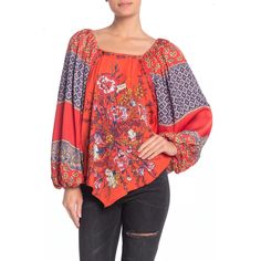 Flaunt Your Boho-Chic Vibes In This Airy Billow-Sleeve Blouse Designed In A Patchwork Of Fanciful Prints. Square Neck Long Billow Sleeves With Elasticized Cuffs Allover Print Approx. 26" Length (Size S) Fiber Content Polyester 100% Polyester Machine Wash Cold Tumble Dry Low Low Iron, May Be Dry Cleaned Model's Stats For Sizing: - Height: 5'10" - Bust: 34" - Waist: 24" - Hips: 35" Model Is Wearing Size S. 1896 Red Long Sleeve Blouse With Blouson Sleeves, Red Blouse With Blouson Long Sleeves, Fall Peasant Printed Top, Fall Peasant Style Printed Top, Spring Red Blouse With Blouson Sleeves, Red Long Sleeve Peasant Top With Floral Print, Long Sleeve Red Peasant Top With Floral Print, Bohemian Multicolor Tops With Blouson Sleeves, Fall Floral Print Red Peasant Top