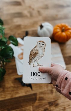 a person holding up a card with an owl on it's back and words that read hoot like an owl