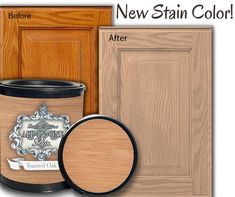 the new stain color is being used to paint kitchen cabinets and cupboards with woodgrain