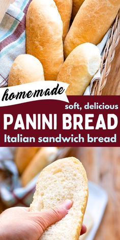 a person holding a piece of bread in their hand with the words panini bread italian sandwich bread