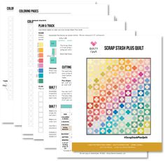 the color chart for scrap stash plus quilts is shown in three different colors