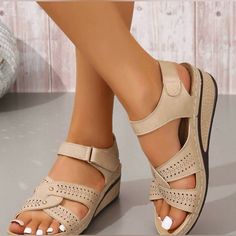 Ankle Strap Wedge Sandals, Color Beige, Size 40 (Us8), Pu Leather. New From Shein Beige Toe Post Wedge Sandals, Casual Beige Toe Post Wedge Sandals, Comfortable Beige Wedge Sandals With Round Toe, Comfortable Beige Closed Toe Wedge Sandals, White Dress Sandals, Clear Chunky Heels, Jeweled Flats, Sparkle Sandals, Shein Shoes