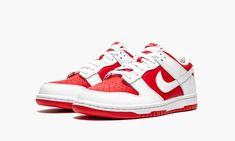 The Nike Dunk Low GS “University Red” is the youth sizing of the vintage basketball shoe that looks to the model’s original “St.  John’s” colorway for design inspiration.  The “St.  John’s” or since-renamed “University Red” Dunk first appeared in Nike’s “Be True to Your School” collection from 1985 before its red-and-white color block was reversed for this September 2021 release.  The perforated toe, mid-panel, collar, and heel are displayed in University Red leather.  Contrasting white leather University Red Dunks, Dunk Low Championship Red, Nike Dunk Low University Red, Cute Nikes, Red Nike, Nike Kids, Nike Dunk Low, Sneaker Collection, Dunk Low