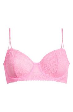 Stretchy lace cups create this beautiful underwire bra designed with vertical seams for a little extra support. 87% nylon, 13% elastane Partially lined 87% nylon, 13% elastane Hand wash, dry flat Imported Pink Lace Bra, Summer Wardrobe Essentials, Wedding Guest Shoes, Lace Underwire, Sneaker Slippers, Pajama Robe, Baby Boy Shoes, Made Clothing, Denim Leggings